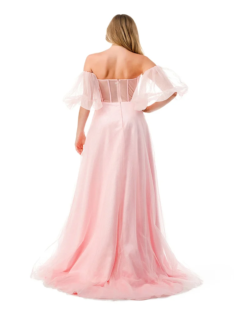 Evening Dresses Gorgeous High Split Dress Engagement Sexy Floor Length Off-The-Shoulder Short Sleeve Tulle with Crystals Slit