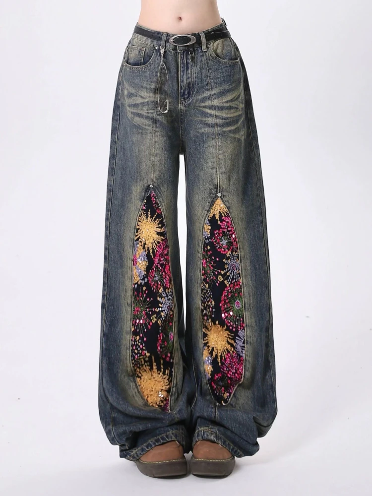 

Fashion Vintage Jeans Sequined Print Patchwork Design Pockets High Waist Wide Leg Pants Casual Loose All Match Women's Clothing