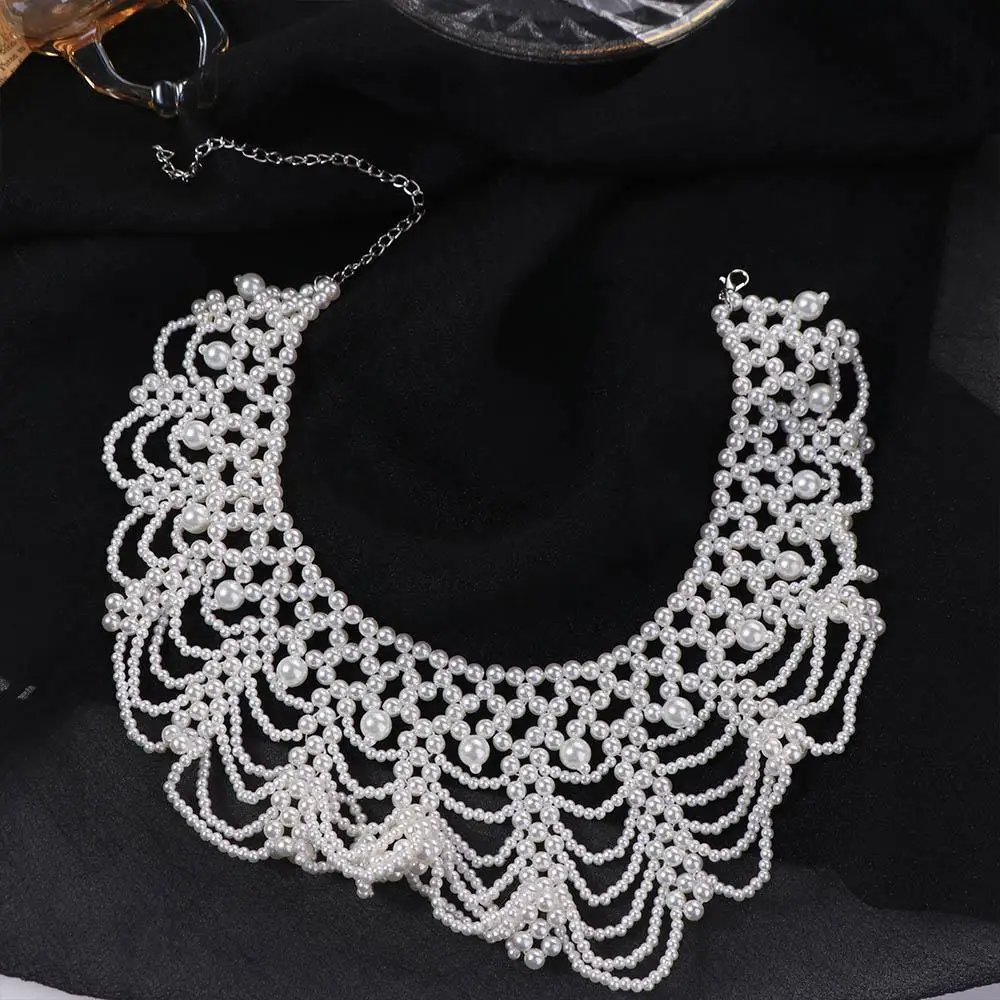 Bohemian Style Multi-layered Pearl Necklace Woven Choker Exaggerated Pearl Neckchain Beaded Lace Trim Collar Jewelry
