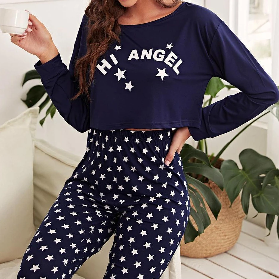 

Star Pajama Sets Letter Women Mujer Conjuntos Pijamas Conjunto Pyjama Pijama Femme Outfit Lounge Sleepwear Home Wear Pj Set