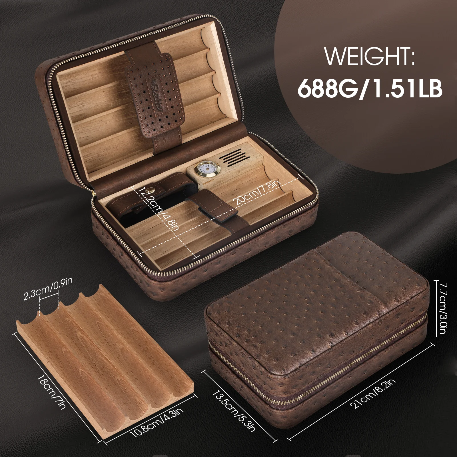 Scotte Cigar Humidor Box Cigar Lighter Cedar Wood Lined Leather Cigar Case Built in Hygrometer Humidifier with Cigar Holder Kit