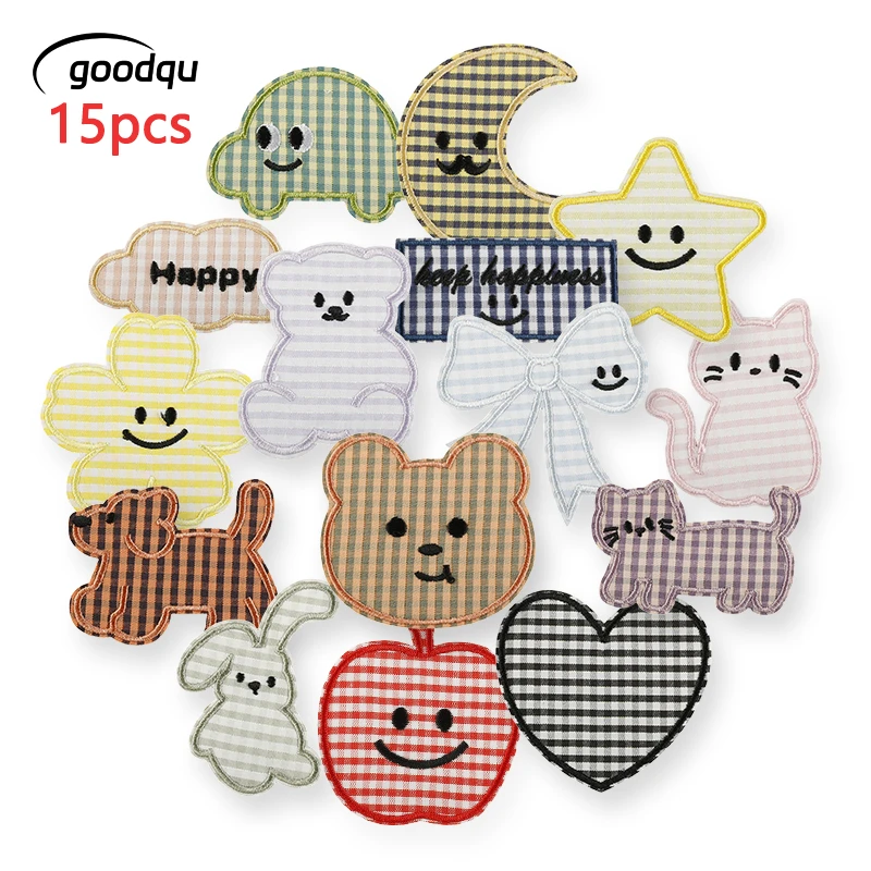 15 Stück Anime-Tier-Aufnäher zum Aufbügeln für Kleidung, Kinder, Schleifen, bestickte Aufkleber, Streifen-Patches, DIY-Stoffnäharbeiten, Stern-Jacken-Aufnäher – Detail 1