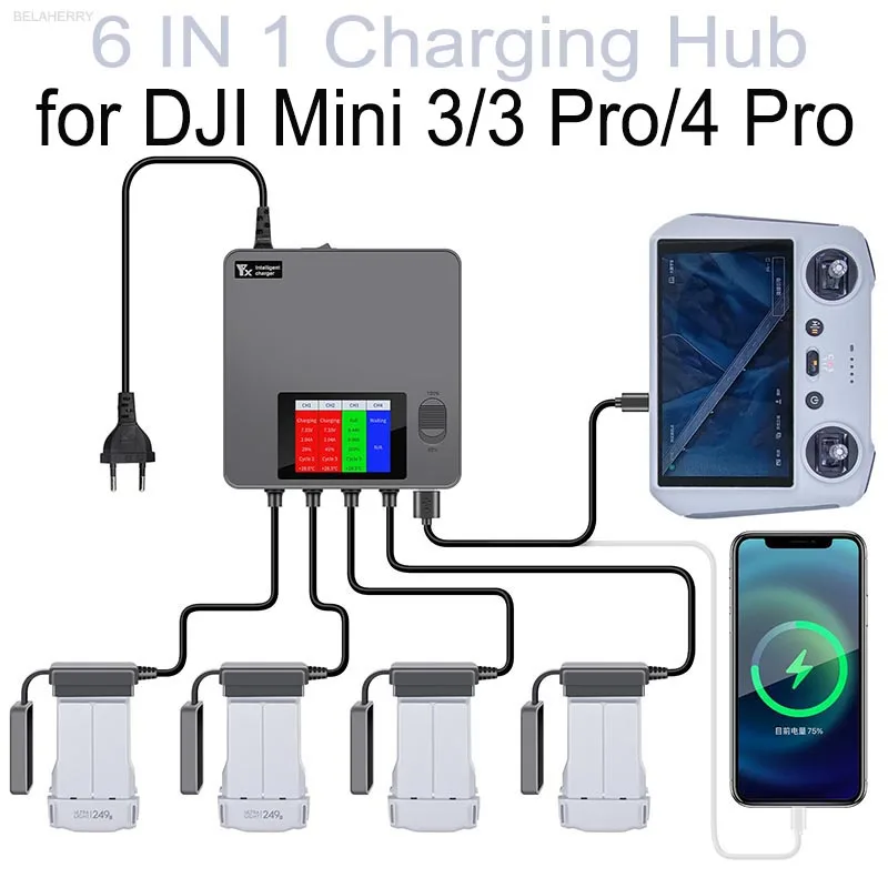 

Зарядное устройство 6 в 1 с цифровым дисплеем для дрона DJI Mini 3/3 Pro/4 Pro