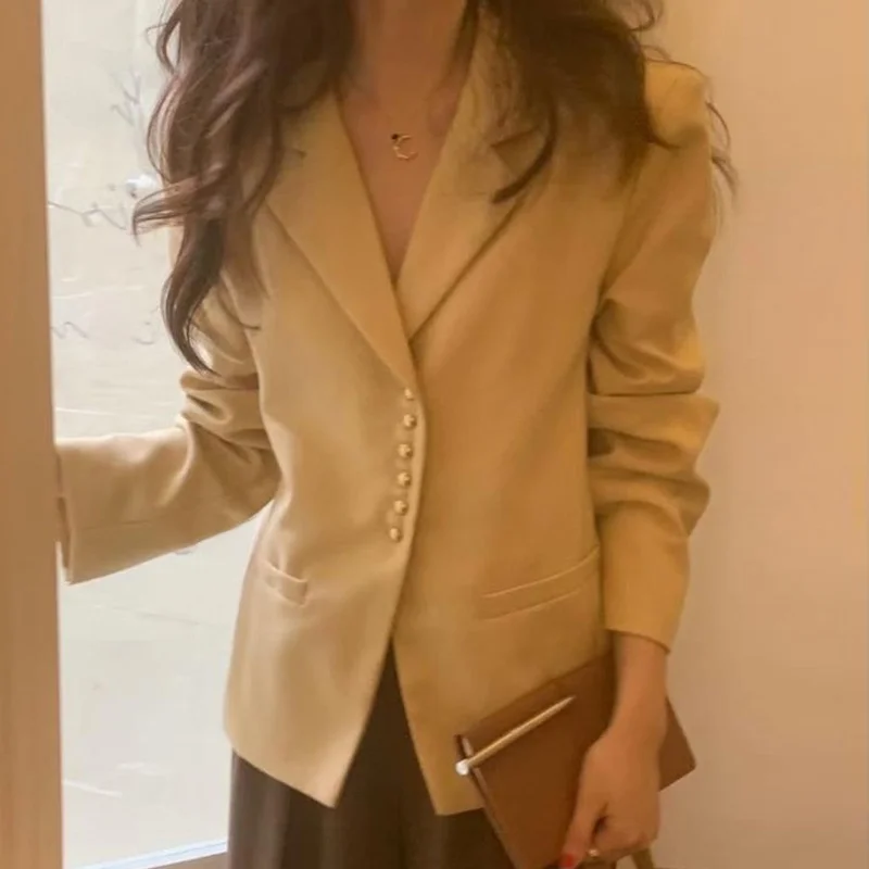 

Шикарный весенний винтажный металлический лацкан с маленькими пуговицами, свободный длинный женский костюм Sve ort, повседневная верхняя одежда Jaet для поездок на работу