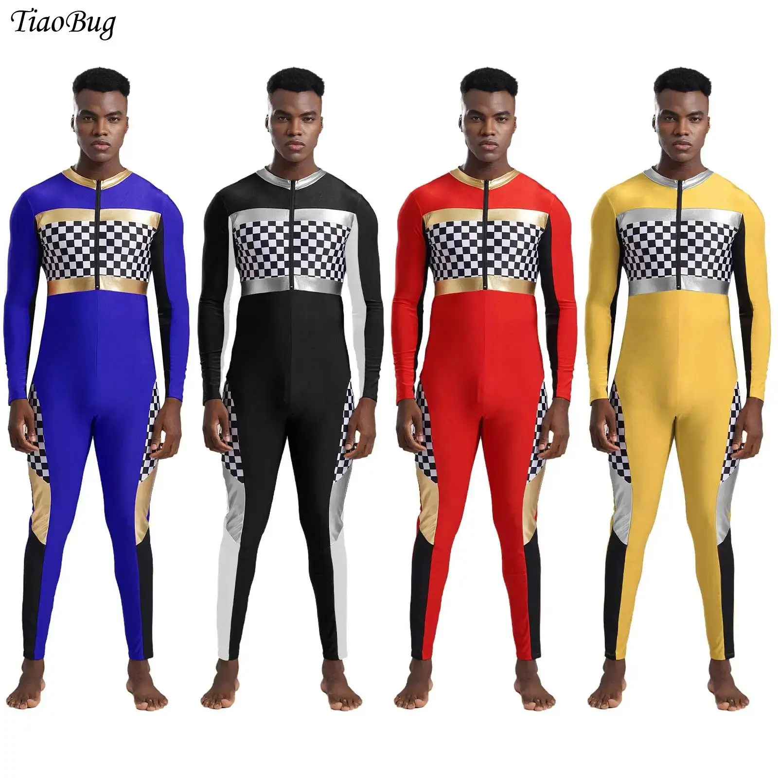 

Mens Checkerboard Racing Cheerleading Jumpsuit One-piece Long Sleeve Long Pants Plaid Rompers Racer Driver Cosplay Bodysuit New