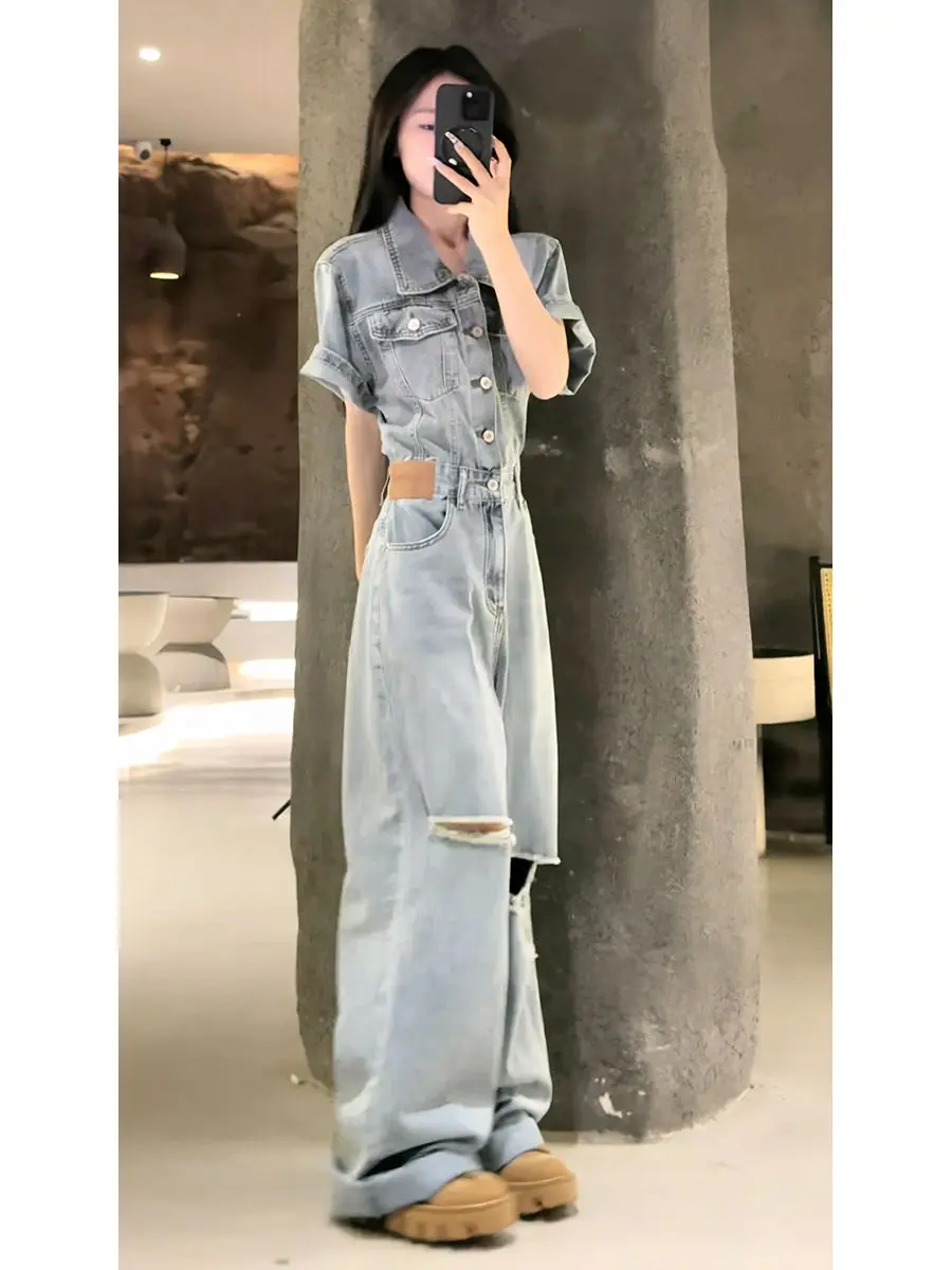 Summer New Women's Denim Jumpsuit Commuting High Street Slim Fit Jumpsuit