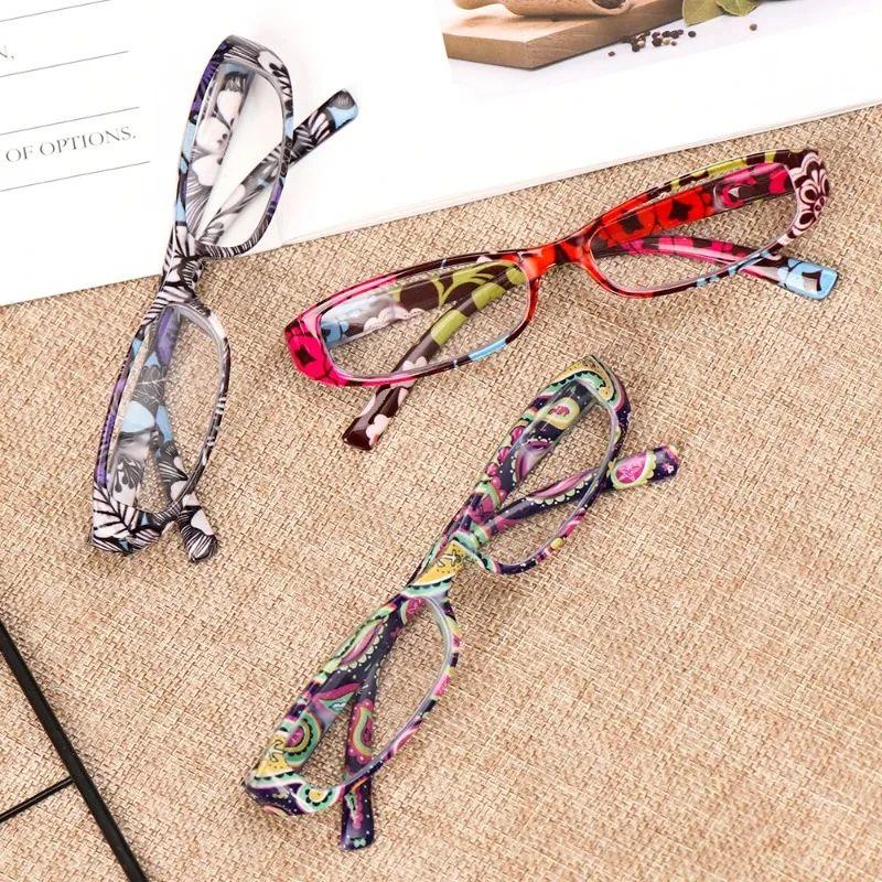 New Fashion Women Reading Glasses Matching Pouch Flower Print Resin Read Eyeglasses Magnifying Presbyopic Eyewear +1.0~+4.0