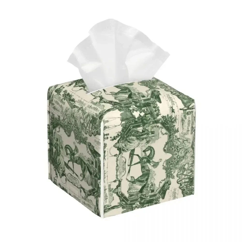 

Custom Antique Vintage French Toile De Jouy Tissue Box Cover PU Leather Square Traditional France Art Facial Tissues Holder for