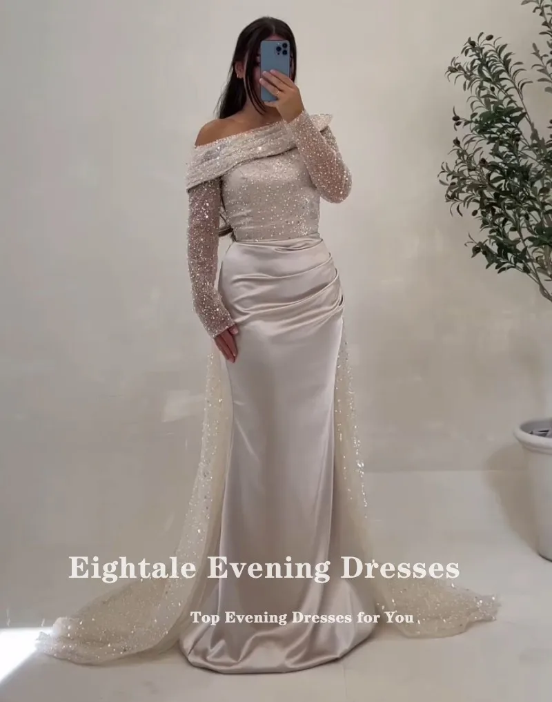 Eightale Elegant Evening Dresses Sequined High Side Slit Long Sleeves Satin Customized Prom Gown Wedding Party Abendkleider