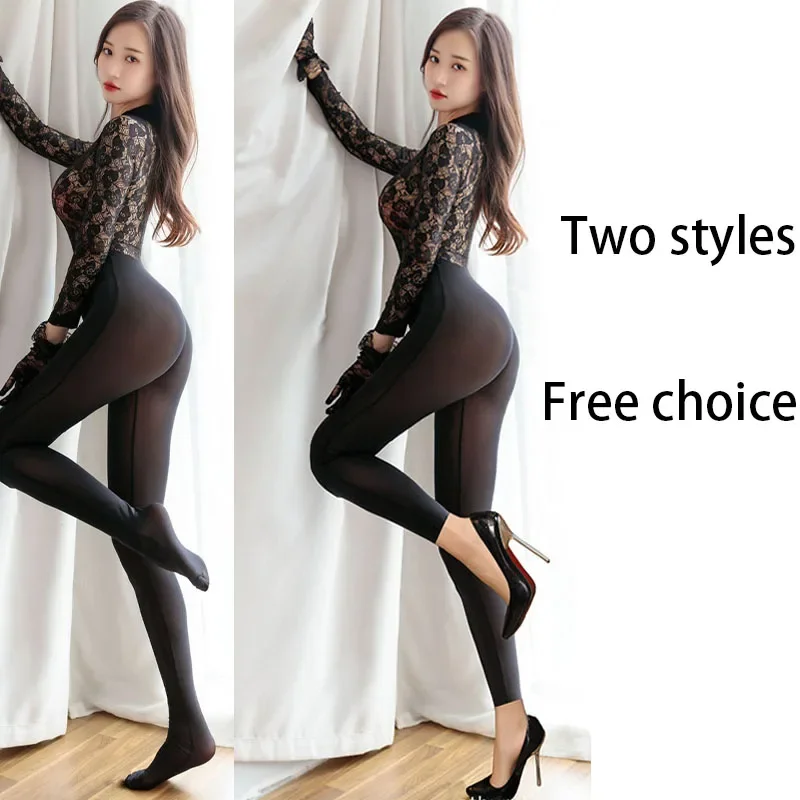 New Open Crotch Bodysuit Transparent Lace Tops Women Sexy Lingerie Crotchless Bodystocking Porn Costume Glossy Jumpsuit Sex Set