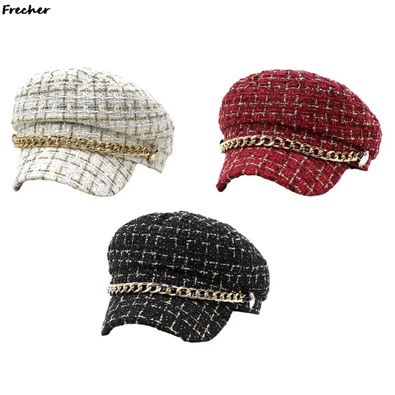 Autumn Winter British Hat Wedding Party Fashion Beret Hats Women Plaid Chain Octagonal Cap Woolen Casquette Newsboy Caps Visors