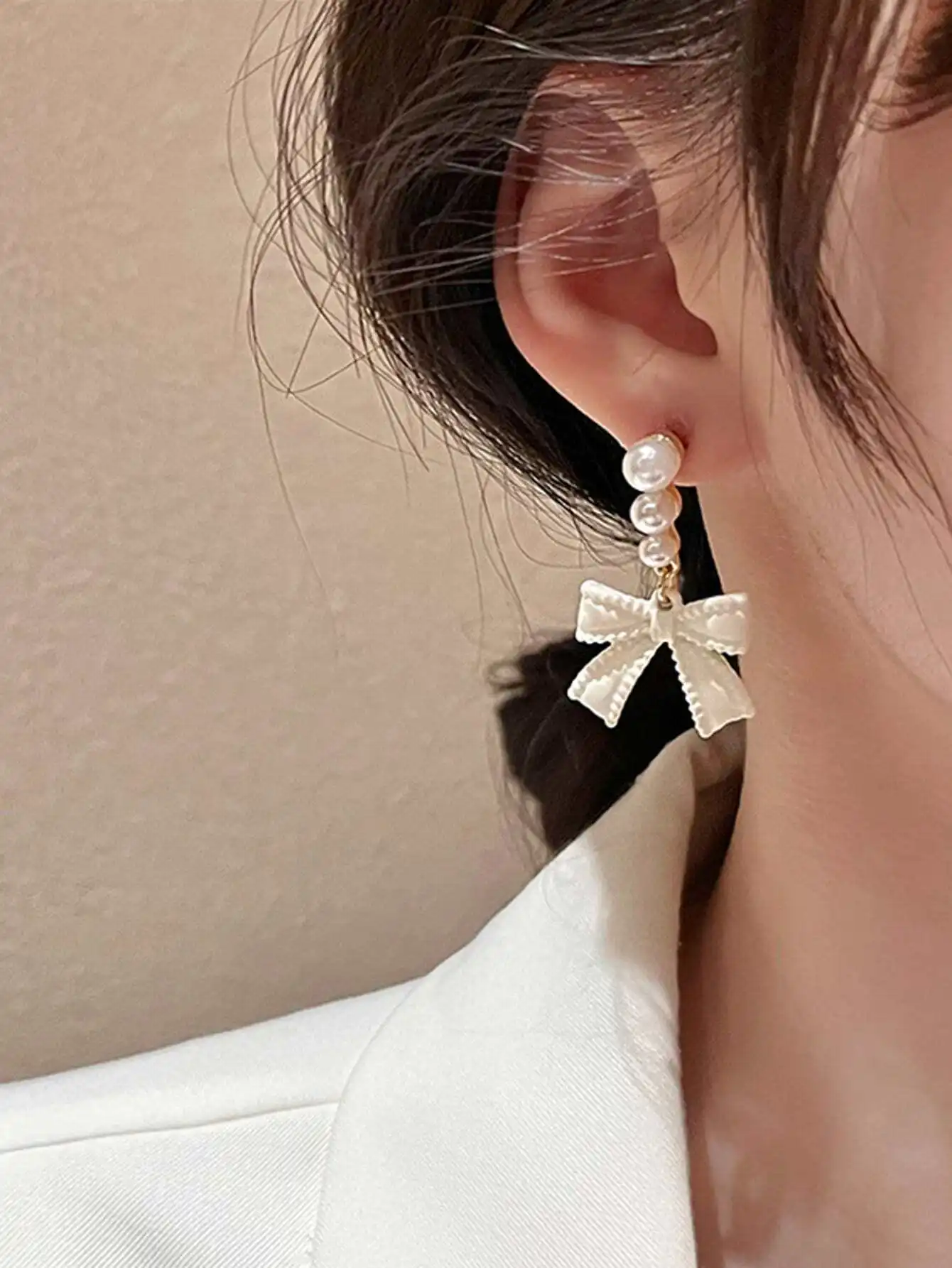 

White Pearl Bow Drop Earrings for Women, Sweet Elegant Design for Daily, Wedding, Valentine's Day & Festivals