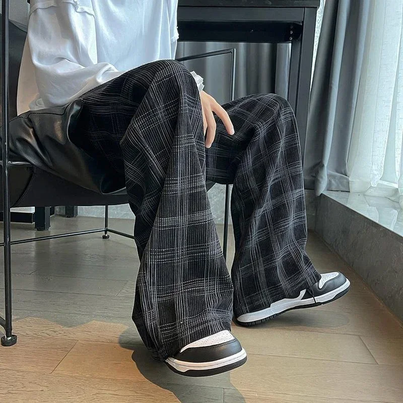 

Check Trend Men's Casual Pants Plaid Baggy Loose Male Trousers Streetwear Low Price Stylish New In Korean Style High Quality