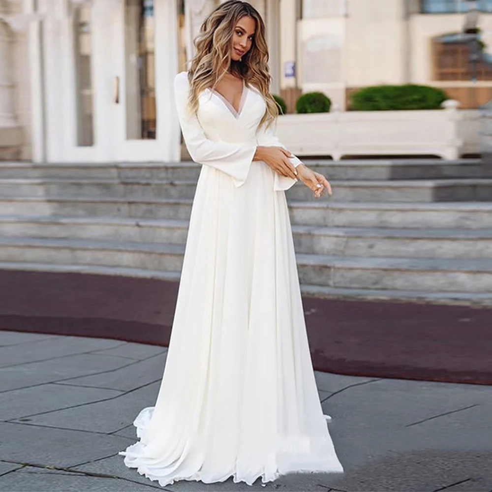 Simple V-Neck Chiffon Long Sleeves Boho Beach Wedding Dress Illusion Back Bridal Gown A-Line Vestidos De Novia New Bride Dresses