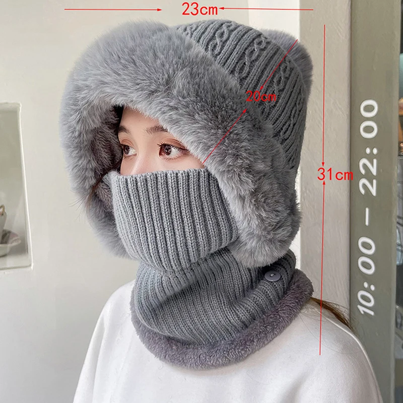 Winter Warm Fietshoed Gezichtsmasker Breien Pluche Bivakmuts Hoed Gehoorbescherming Met Capuchon Pluizige Hoed Masker Nekwarmer Dame Capuchon