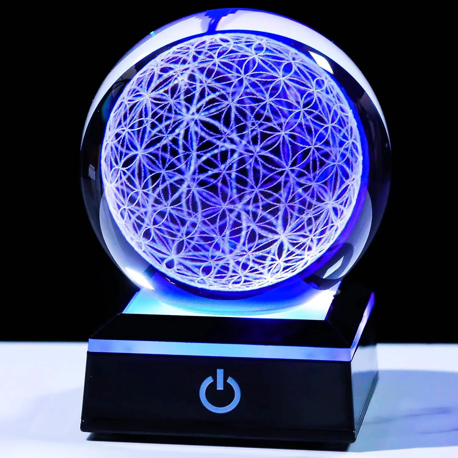 3D Flower of Life Crystal Ball with Colorful LED Base Chakra Healing Grid Flower Globe for Spiritual Decor Home Decoration