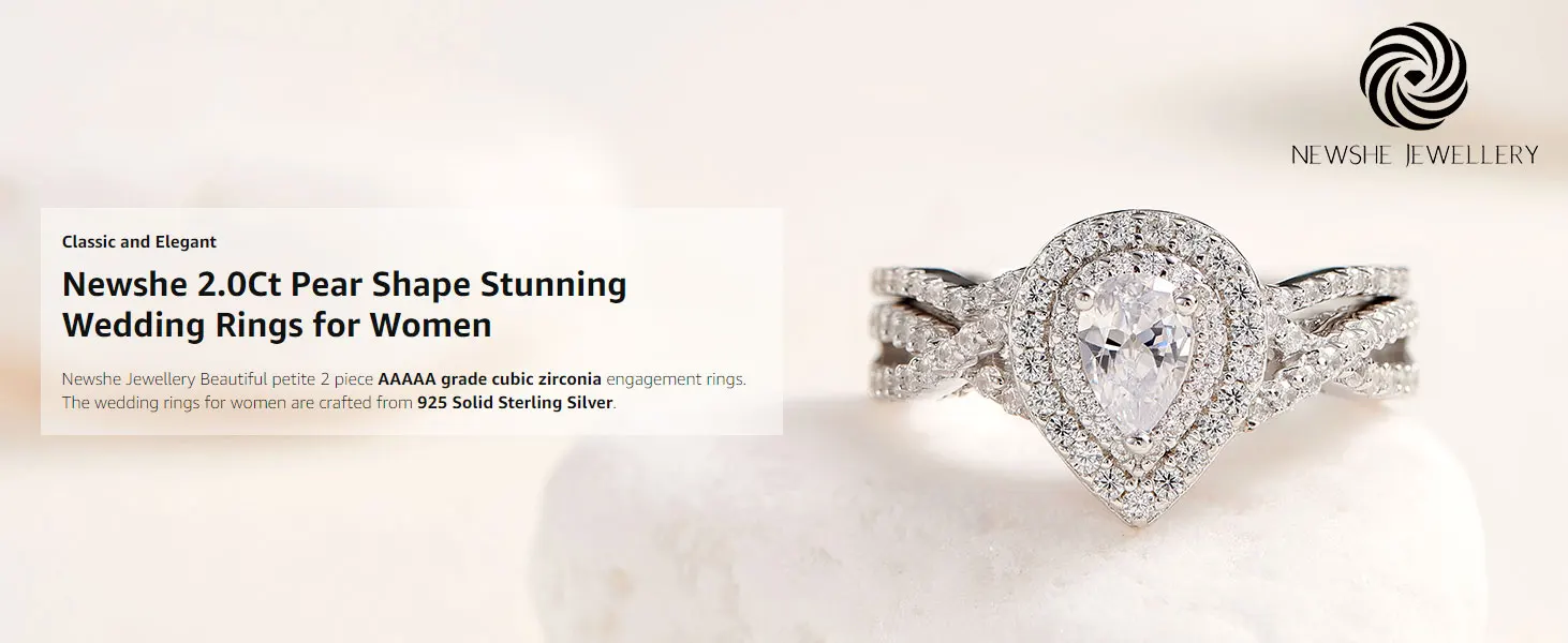 Newshe 2 Pcs 925 Sterling Silver AAAAA Zircon Moissanite Wedding Rings for Women Engagement Ring Sets Pear Shape Teardrop