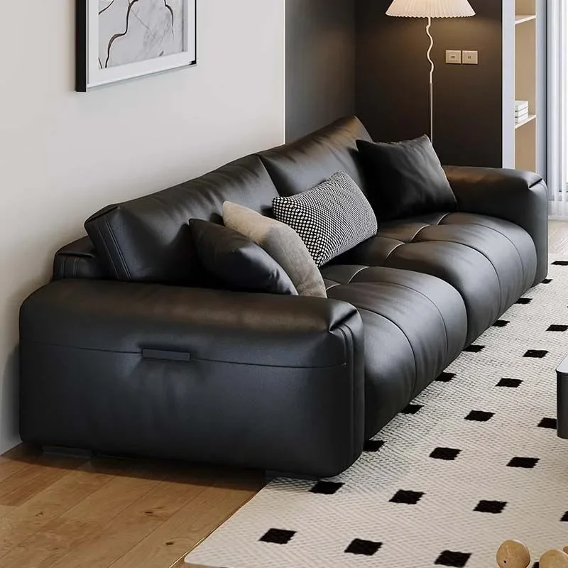 Big black cow sofa living room Italian minimalist first layer cowhide retro tofu block full sofa