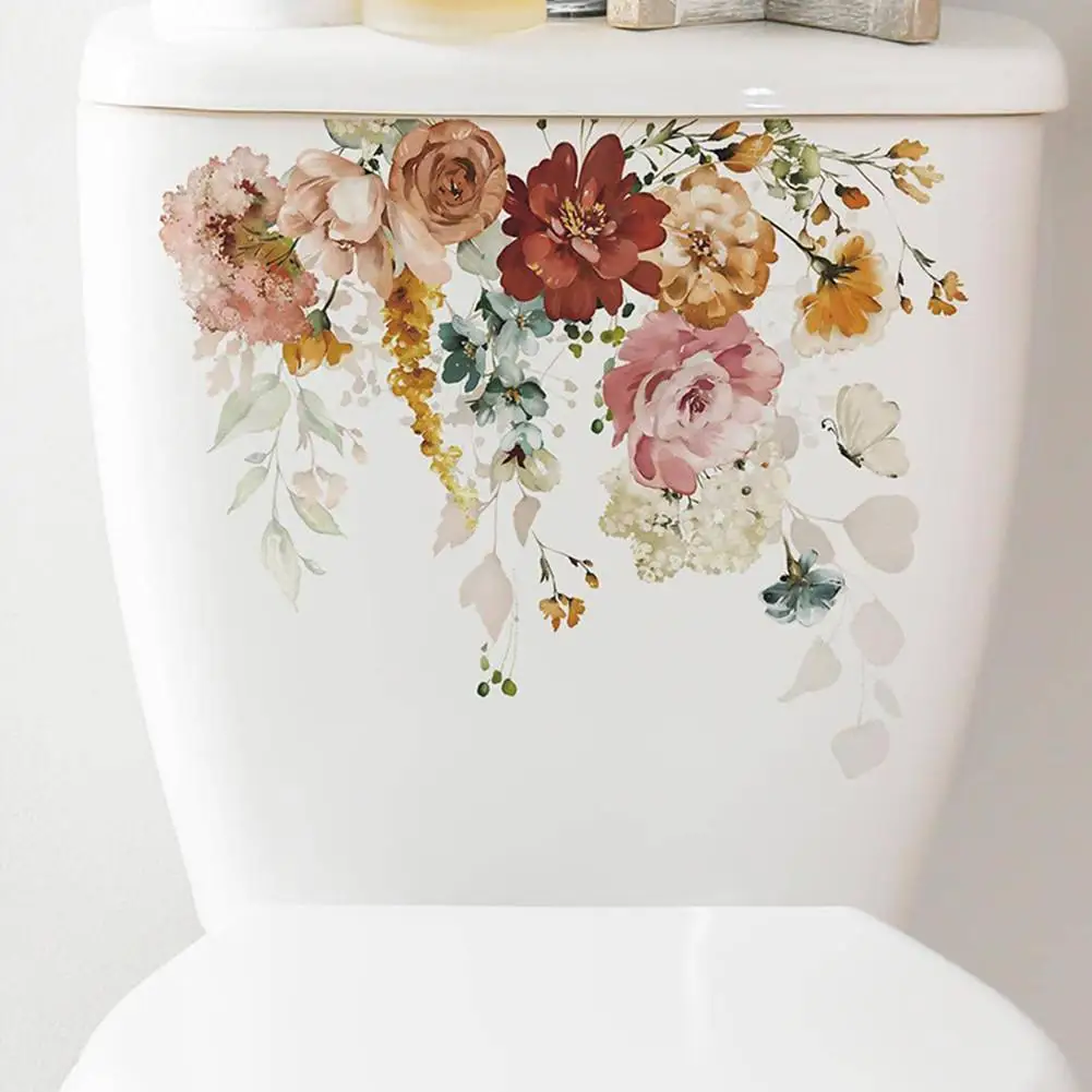 YOUZI Self-Adhesive Toilet Lid Stickers Removable Flower Leaves Pattern 3D Wall Art Decoration For Toilet Bathroom Restroom