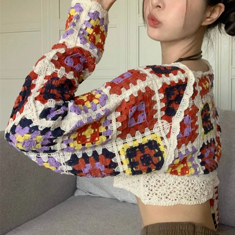 Granny Square Crochet Crop Cardigan Open Front Knitted Bolero Women Long Sleeve Shrug Top Summer Beach Boho Festival Outfit