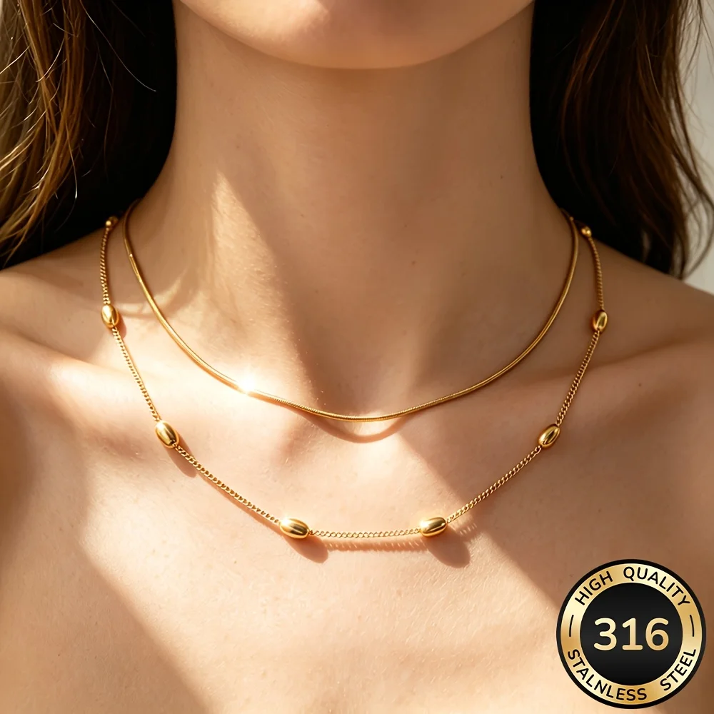 2Pcs High-Quality Exquisite Stainless Steel Adjustable Seed Bead Clavicle Necklace Set, with 5cm Extension Chain, Anti-Fading, Comfortable and Versatile, Simple and Elegant, Suitable for Daily Wear or Parties, a Fashionable Basic Necklace for Women, Jewelry Accessory, Is a Delicate Gift for Women