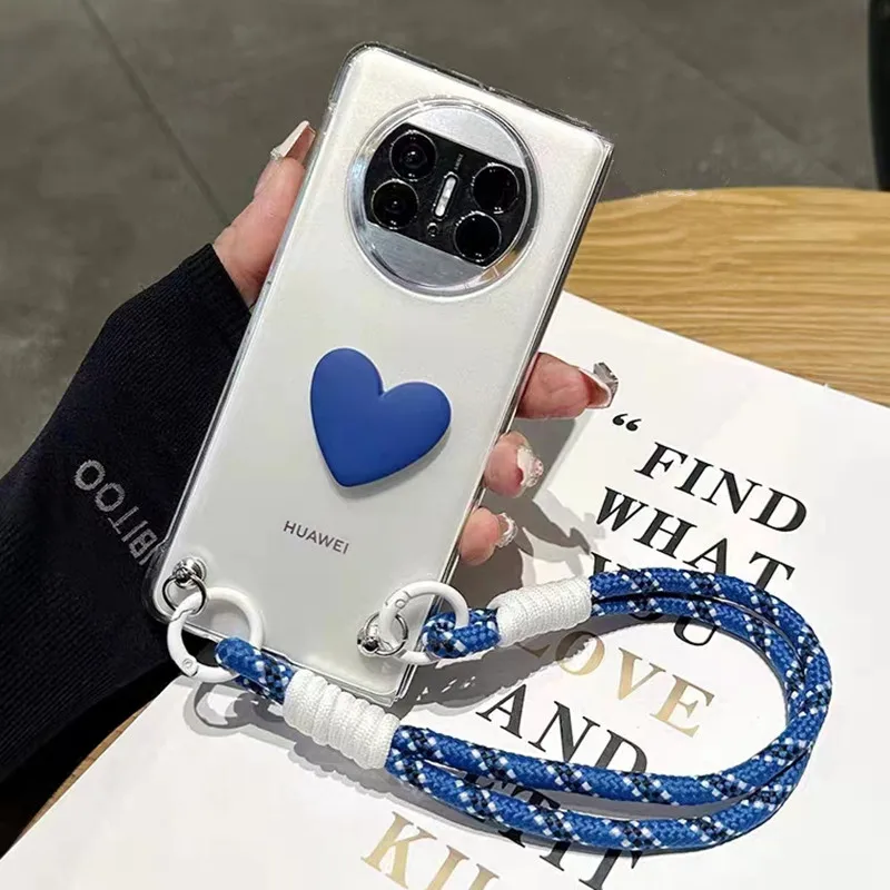 Luxury Blue Heart Portable Rope Phone Case For Huawei Mate X5 X3 X2 Magic VS2 V2 Lanyard Strap Transparent Cover Capa