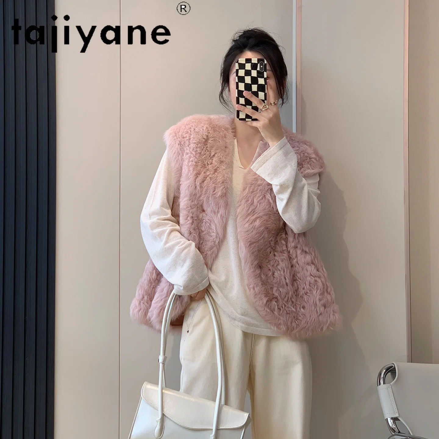 سترة من TAJIYANE 100% من صوف توسكانا الطبيعي من جلد الغنم مزدوجة الوجه سترة نسائية أنيقة بدون أكمام سترات من الفرو الحقيقي ملابس شتوية 2025 شوروبا