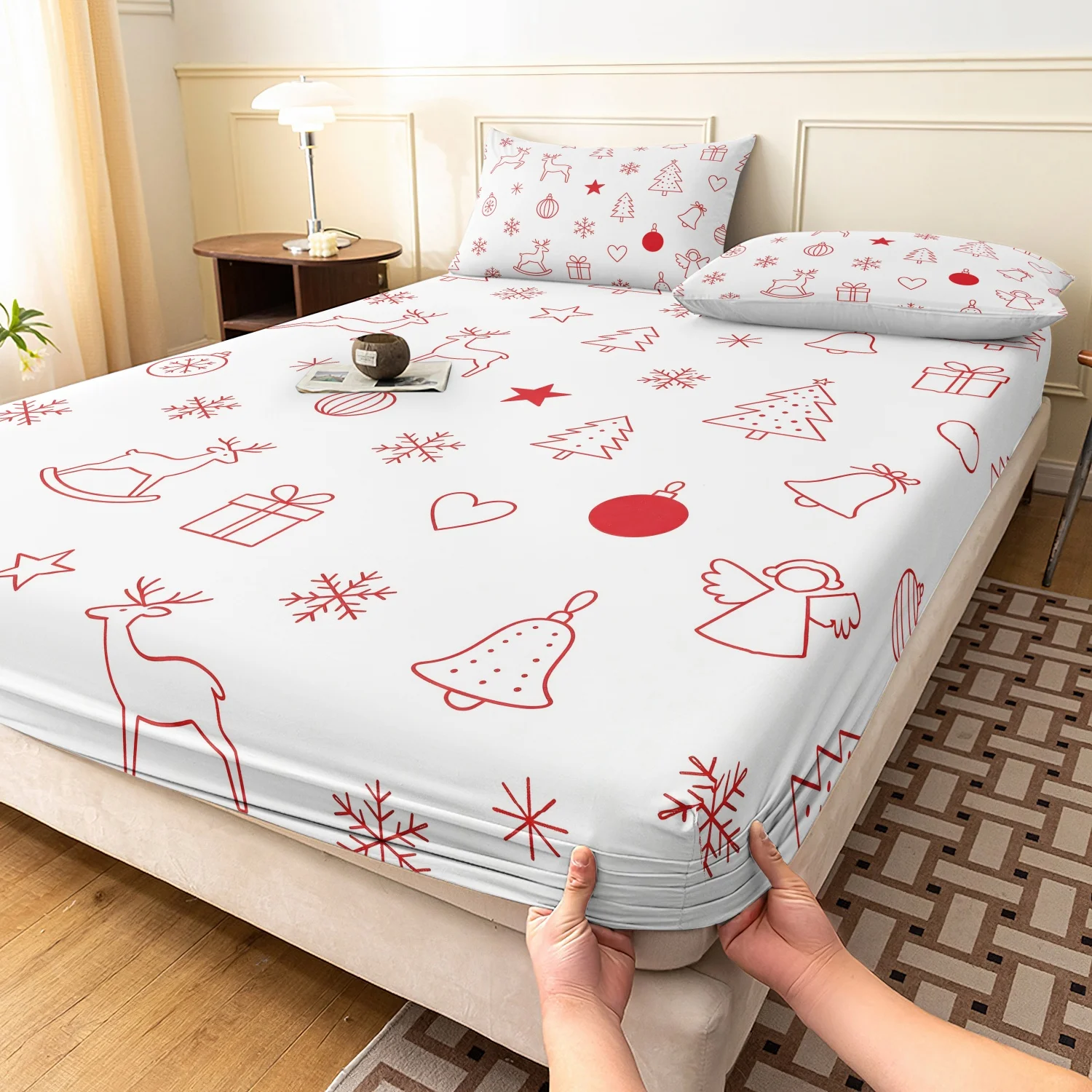 3Pcs Line Art Christmas Fitted Sheet Set, Red Outline Reindeer Snowflake Xmas Print Bedding, Microfiber Festive Bedroom Bedding