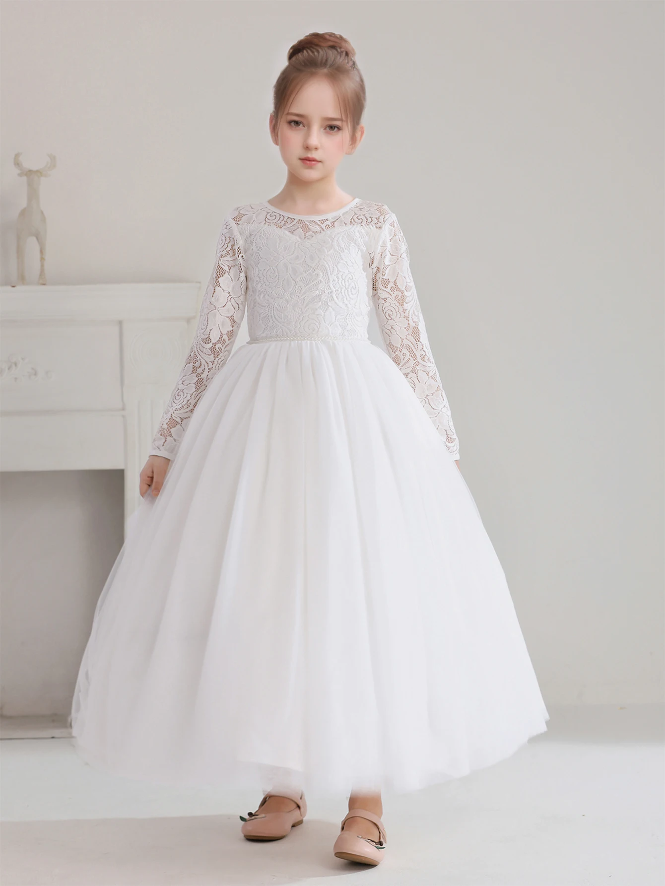 Girls\' Teenage Long Sleeve Lace Dress Wedding White Bridesmaid Evening Gown Long Dress