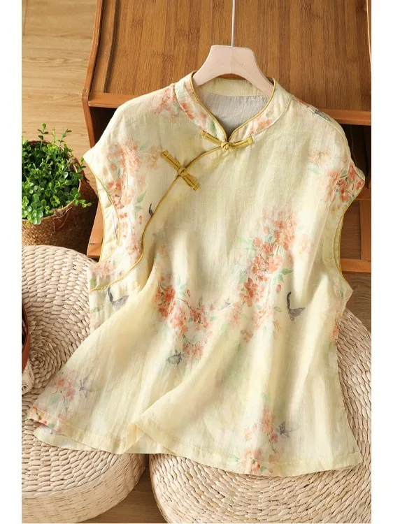 

New Chinese Style Stand Collar Printed Shirt Large Size Women's Sleeveless Loose Slimming Tea Costume Top Summer Fashion