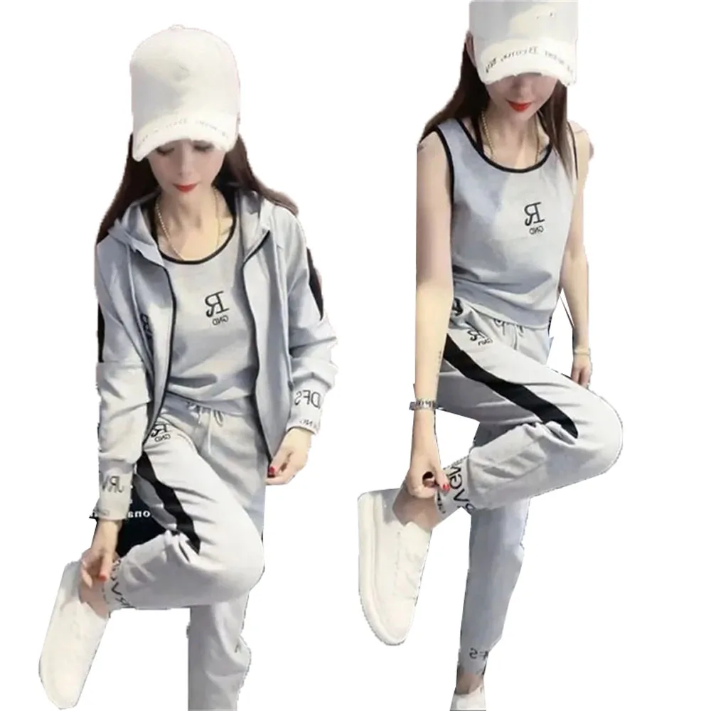 Hooded Jacket Sports Cardigan+Vest+Leggings Three-Piece Chain Letter Printing Sun Protection Fashion 3 Piece Set Women\'s Suit