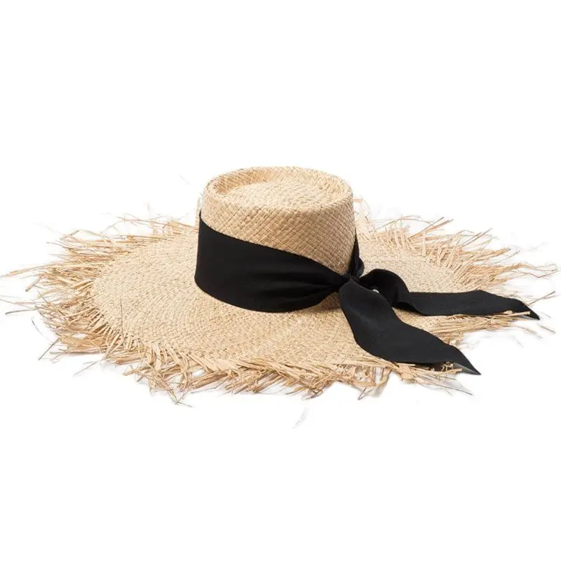 Elegant Raffia ฟลอปปี้หมวกผู้หญิงสีดําสีขาวริบบิ้นโบว์ Sun Visor หมวก Fringed Big Brim หมวกชายหาด UV ป้องกันหมวกฤดูร้อน