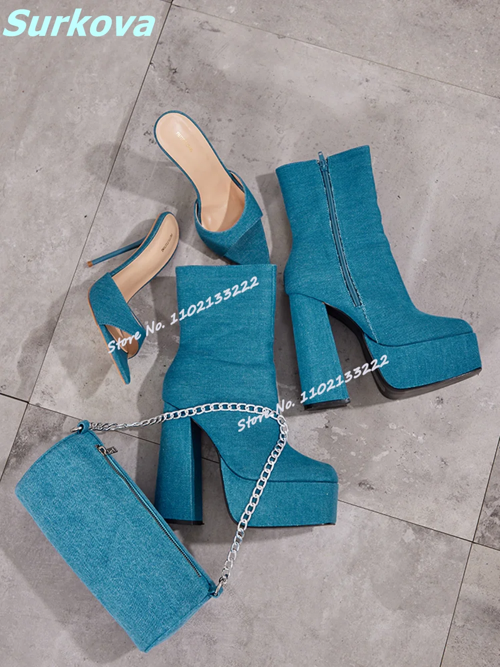 

Denim Ankle Boots Solid Platform Round Toe Zipper Chunky High Heels Fashion Leisure Women Shoes Dress Daily Boots Handmade 34-43