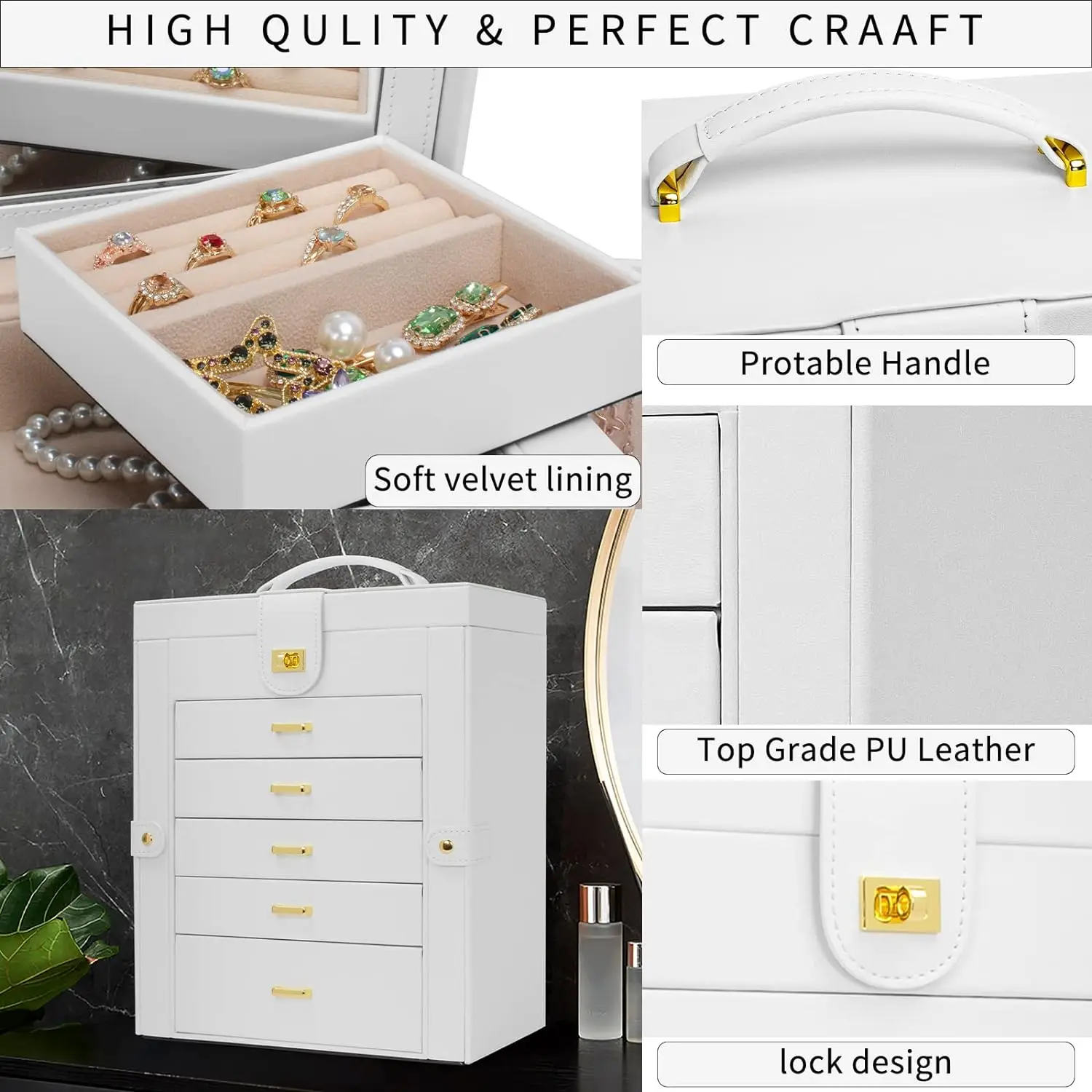 6-Tier Jewelry Box Organizer with 5 Drawers Leather Jewelry Storage Case for Women Girls Ring Necklace Earring Bracelet Holder