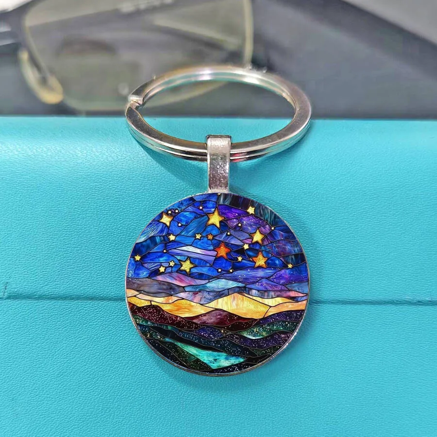 Trendy Vintage  Midnight Starlight Keyring - Vibrant Galaxy & Mountain Design, Whimsical Nature Gift
