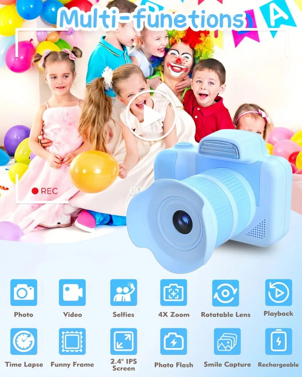 子供用カメラ おもちゃ 長レンズ ズーム フラッシュ 1080P 写真 ビデオ ミニカメラ 2.0インチスクリーン 子供用デジタルカメラ 誕生日 フェスティバル ギフト