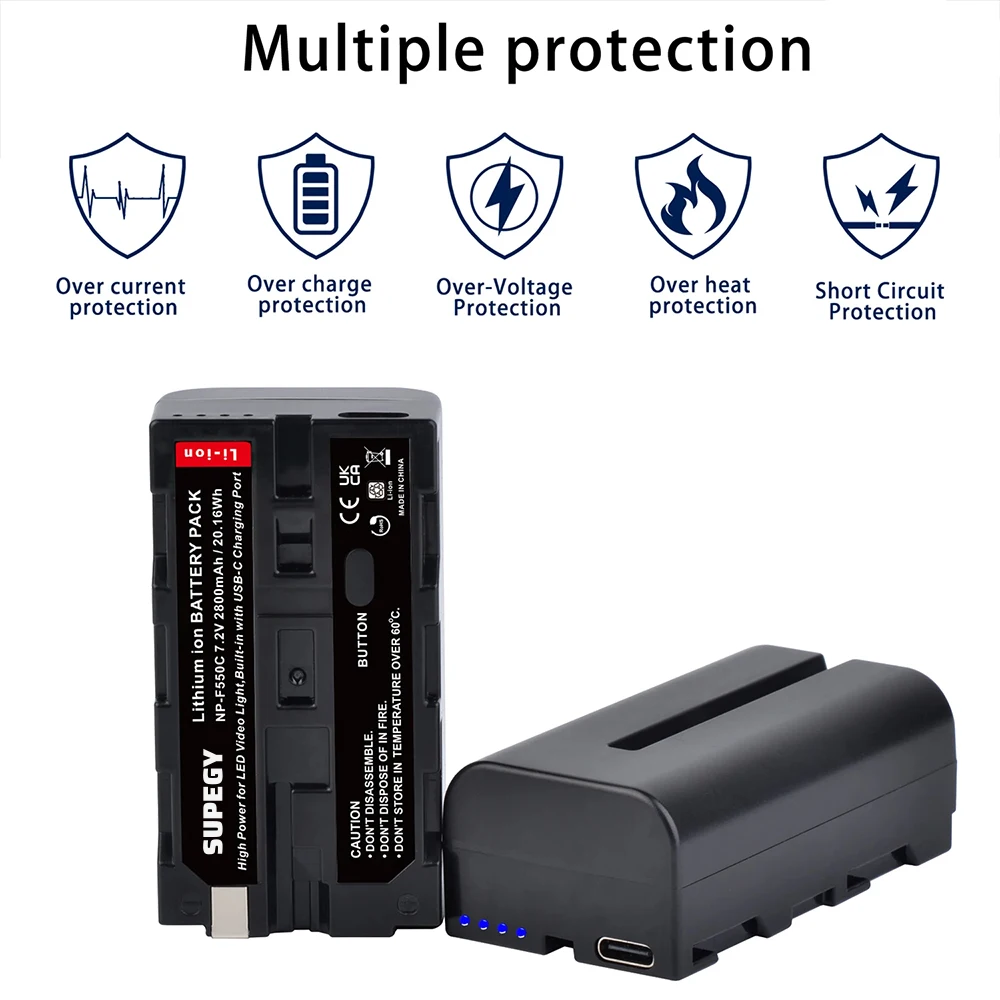 2800mAh Built-in USB-C Charging Port Battery for NP-F330 NP-F530 NP F550 NP-F570 NP-F750 LED Video Light Photography Lighting