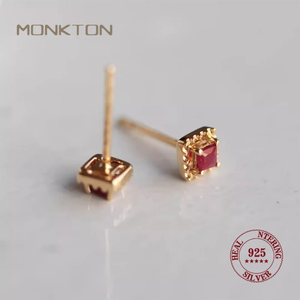 

Серьги-гвоздики Monkton из стерлингового серебра 925 пробы с квадратными рубинами, позолоченные, изящные минималистичные украшения для женщин, элегантные, для повседневной носки