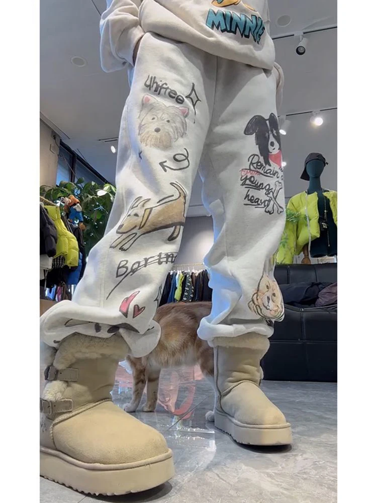 플러스 사이즈 여성용 안감 있는 프린트 탄력 허리 캐주얼 팬츠 하이웨이스트 스트레이트 레그 팬츠 패셔너블 슬리밍 롱 팬츠