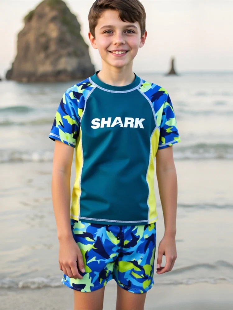 

Boy Kids Swimsuit 2026 New Shark Letter Short Sleeve Children Swimwear Summer Two Piece Shorts Beachwear Bathing Suit Swimming