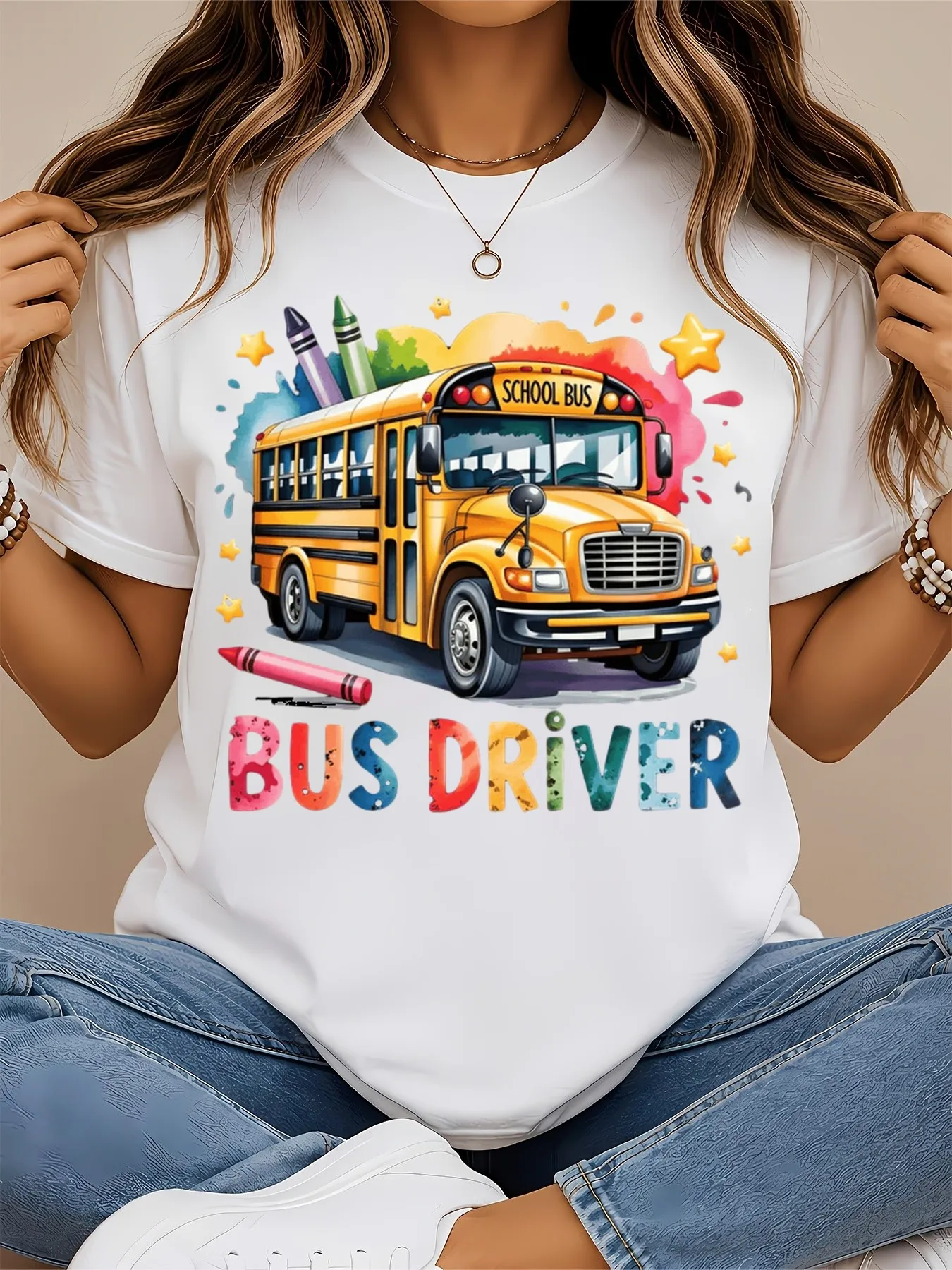 Women'S Bus Driver T-Shirts Feature Brightly Colored Bus And Crayon Designs, Making Them Fun And Suitable for Bus Drivers