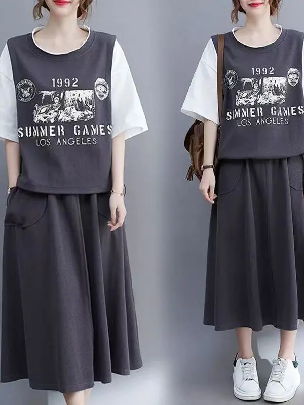 

High Waist Two-Piece Set Skirt Brand Buckle Women's Summer New High-End Feeling Fake Two-Piece Patchwork Elegant Atmosphere