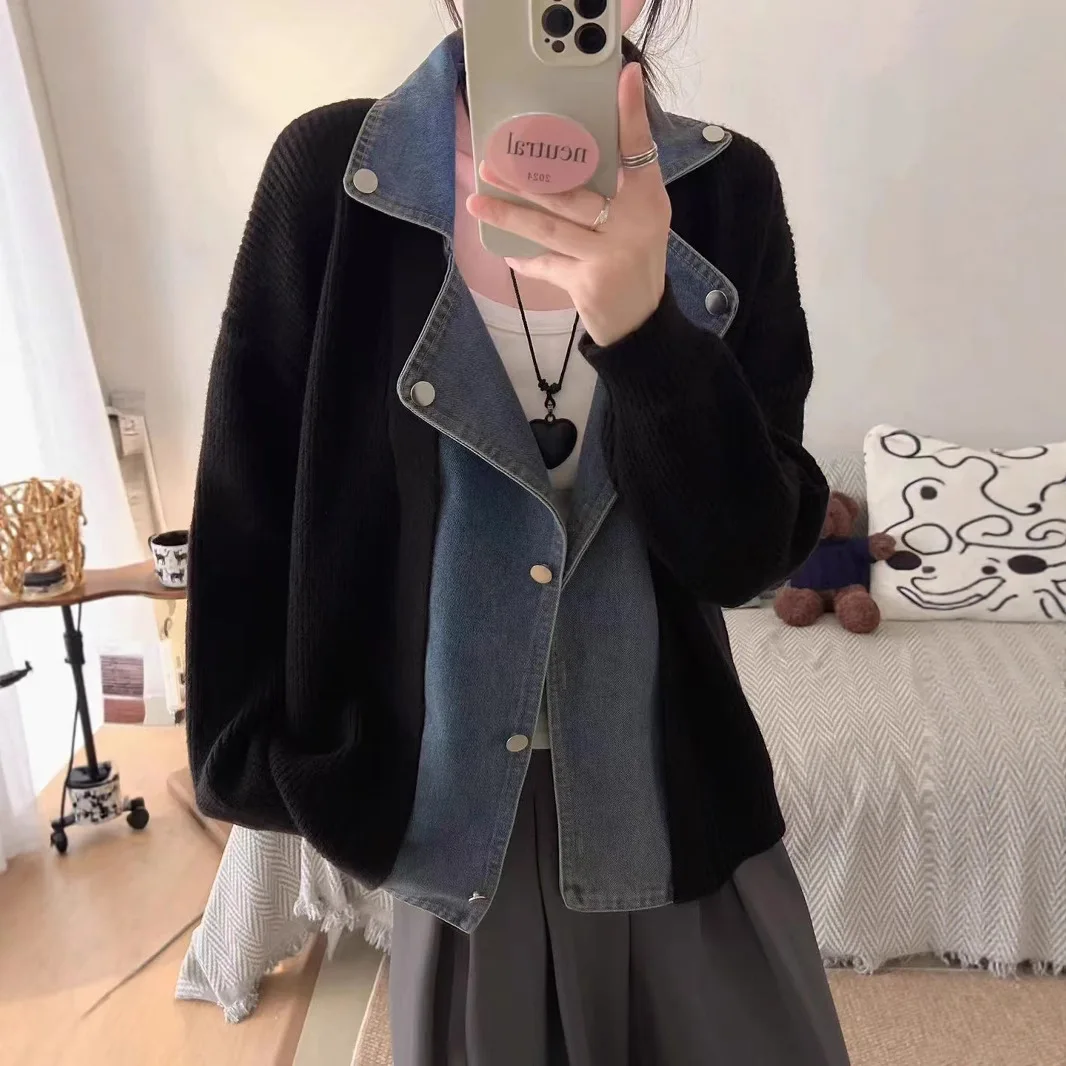 

Осень-зима, корейский стиль, искусственный двухсекционный вязаный кардиган, свитер, женская мода, джинсовое короткое пальто, женские повседневные топы