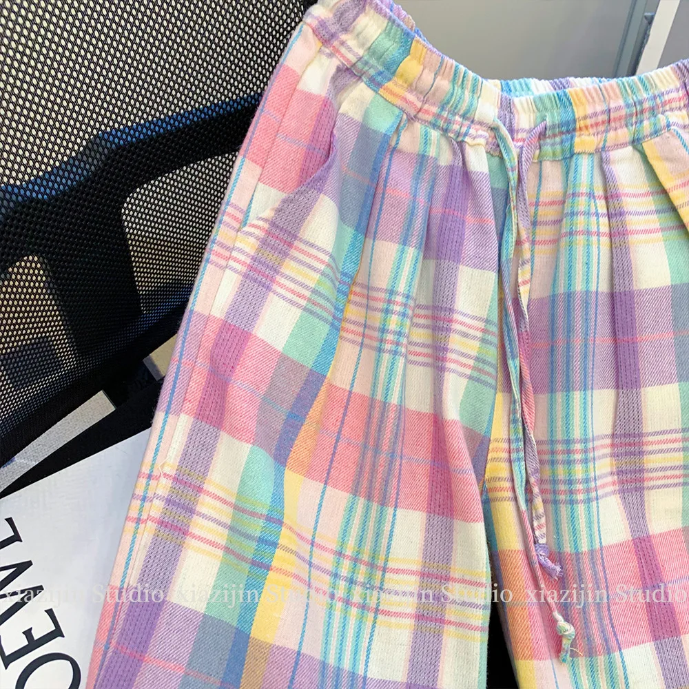 Color plaid wide-leg pants women's summer high waist retro Joker design loose p… - Image 4