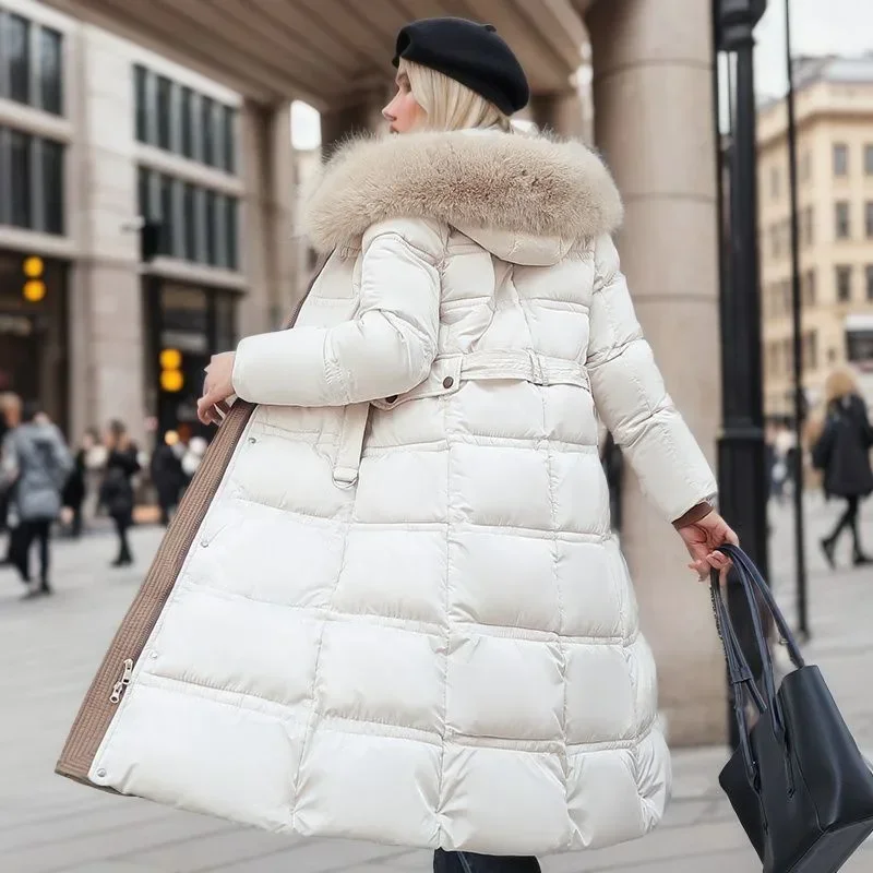 Cotton Coat Long Parka Coat Thick Jacket Women Fur Autumn Winter Warm Coats Woven Block Trend Hooded White Black Parkas