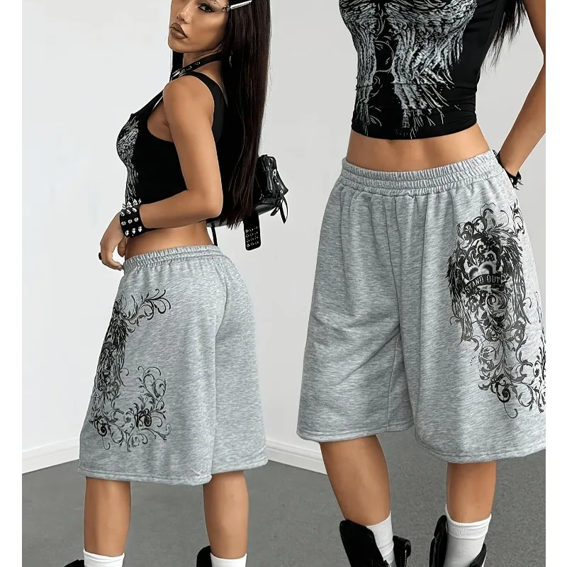 Light gray dark printed medium length sports pants/shorts, loose fit Y2K street punk casual knee length pants