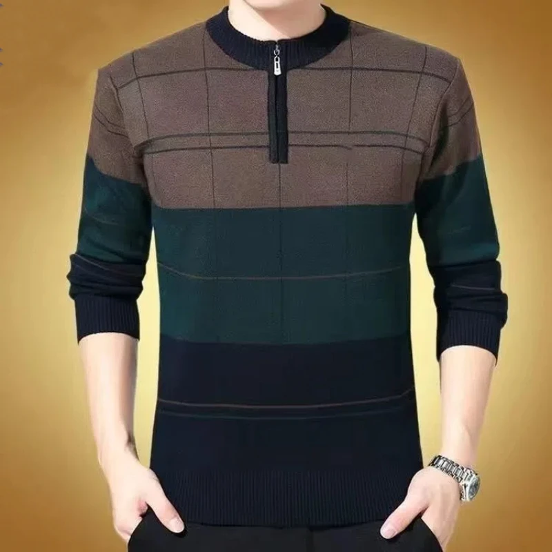 Men's Vintage Striped All-match Knitted Pullovers Autumn Winter Long Sleeve Zipper Patchwork Casual Sweaters Fashion Men Clothes