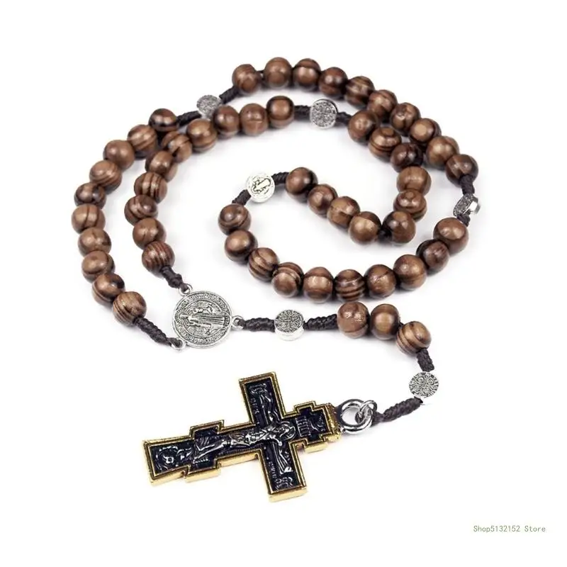 QX2E Handmade Rosary Beads Necklace with Metal Crosses Pendant Emphasizing Faith