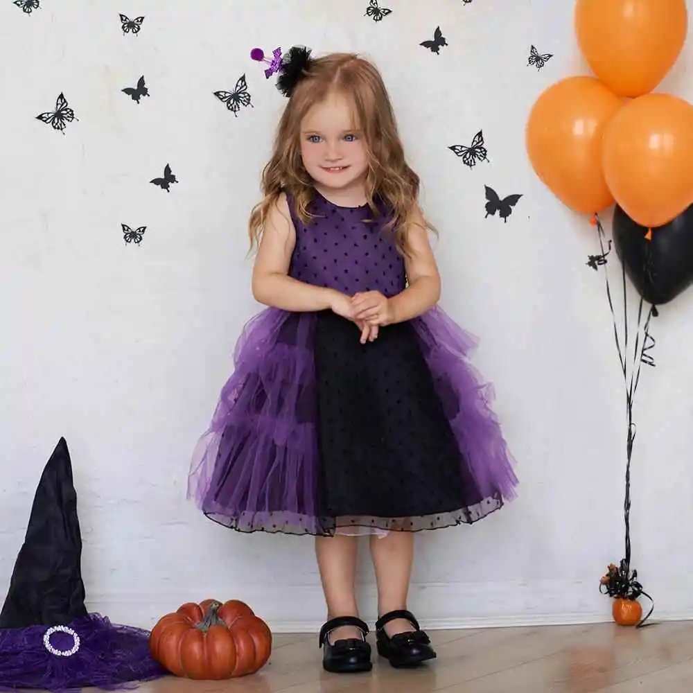 فستان جديد للفتيات بتصميم منقط وألوان متباينة مع تنورة منفوشة من التول لعيد الهالوين، زي أداء للأطفال، ملابس تقليدية عرقية لل...