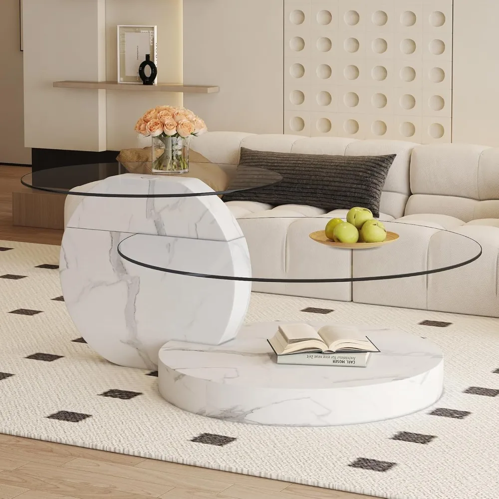 

Glass Coffee Table 3 Tier Round Coffee Tables Tempered Clear Glass Top and Wood Table with Storage Modern Circle Coffee Table fo